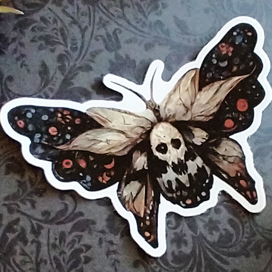 A folk art inspired sticker of a Death's Head Moth, with a white background.