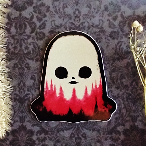 A black, white, and red sticker of a ghost with pine trees along the bottom.  The ghost's mouth looks like a UFO.