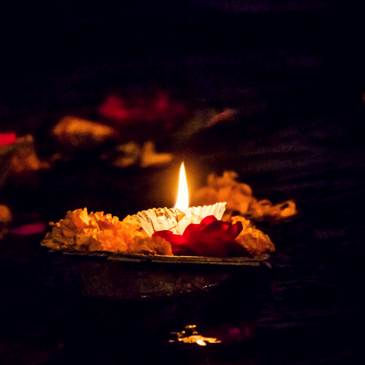 A flame burning amongst flower petals.
