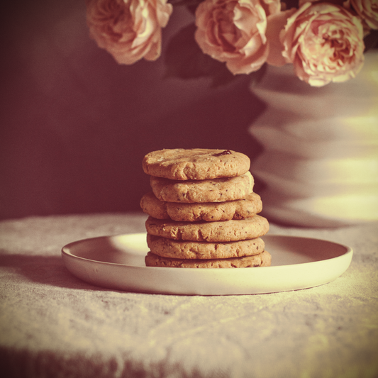 A vintage-toned photograph of a stack of cookies on a plate. Nearby is a white vase with pink flowers in it.