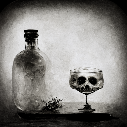 A strange glass bottle with a skull in it, near some herbs, next to a cocktail glass that's also filled with the skull.