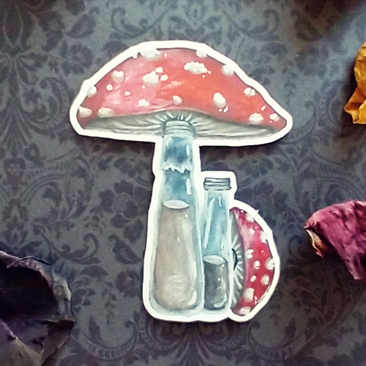 A sticker of a large milk bottle topped with a mushroom cap that's red with white spots. Another similar bottle sits next to it, this one with its cap removed and set alongside.